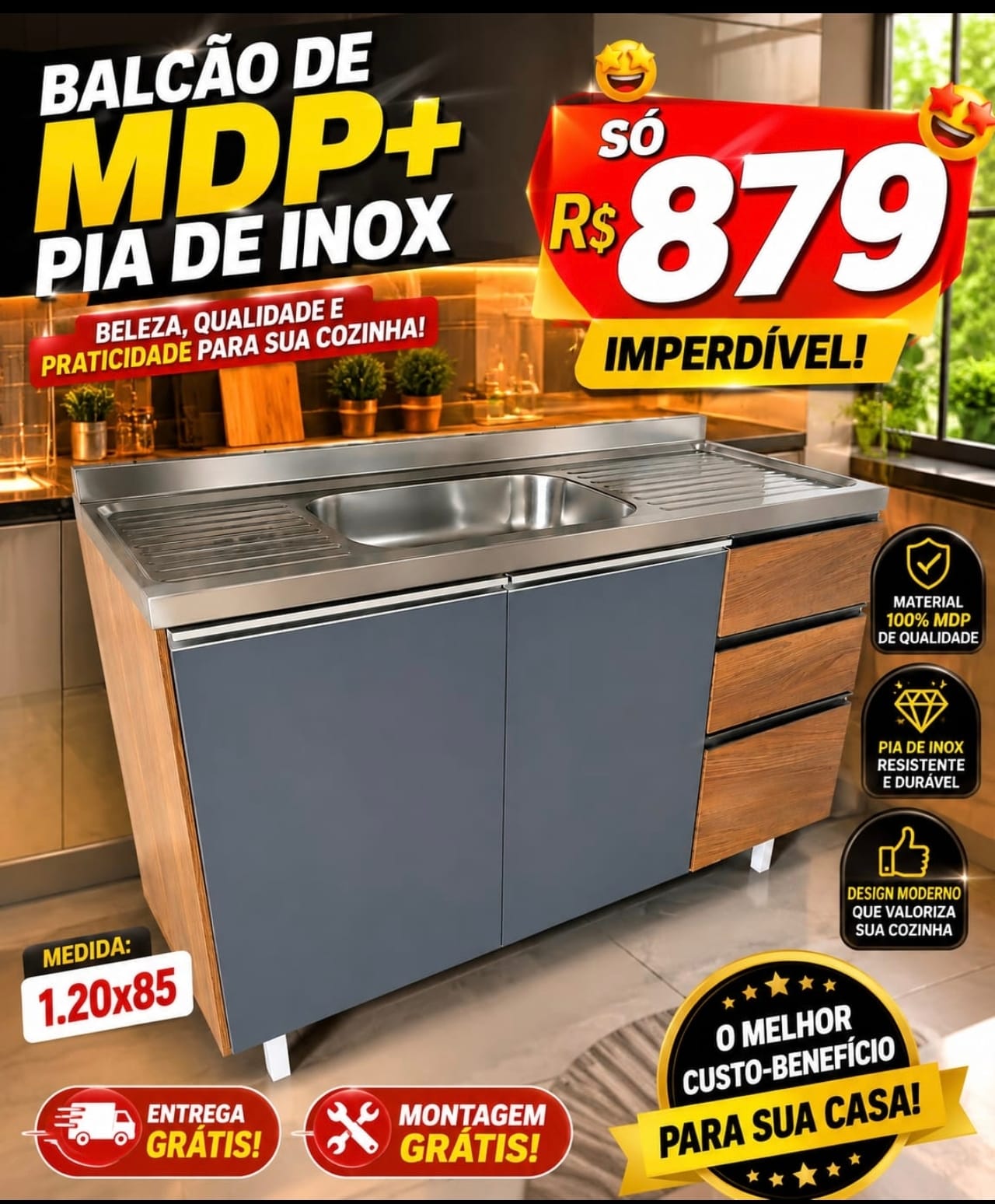 Balcão de Cozinha 1.20m 100% MDP com Pia de Inox — Freijó Amadeirado com Portas Grafite — 120cm