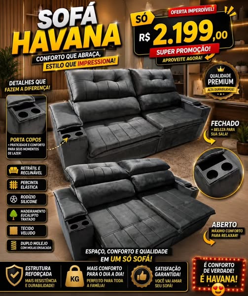 Sofá Retrátil e Reclinável Havana com Porta-Copos — Veludo Cinza Escuro — 240cm