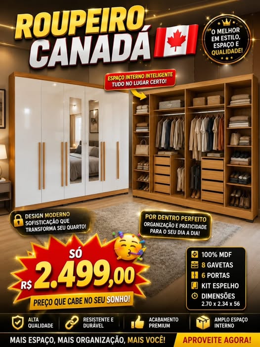 Roupeiro Canadá 100% MDF 6 Portas com Espelho — Freijó com Portas Brancas — 270cm