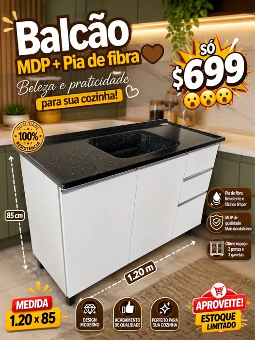 Balcão de Cozinha 1.20m com Pia de Fibra — Branco com Pia Preta Granitada — 120cm