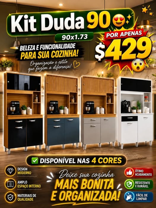 Kit Cozinha Compacta Duda 90 — Disponível em 4 Cores (Preto, Grafite, Cinza, Branco) — 90cm