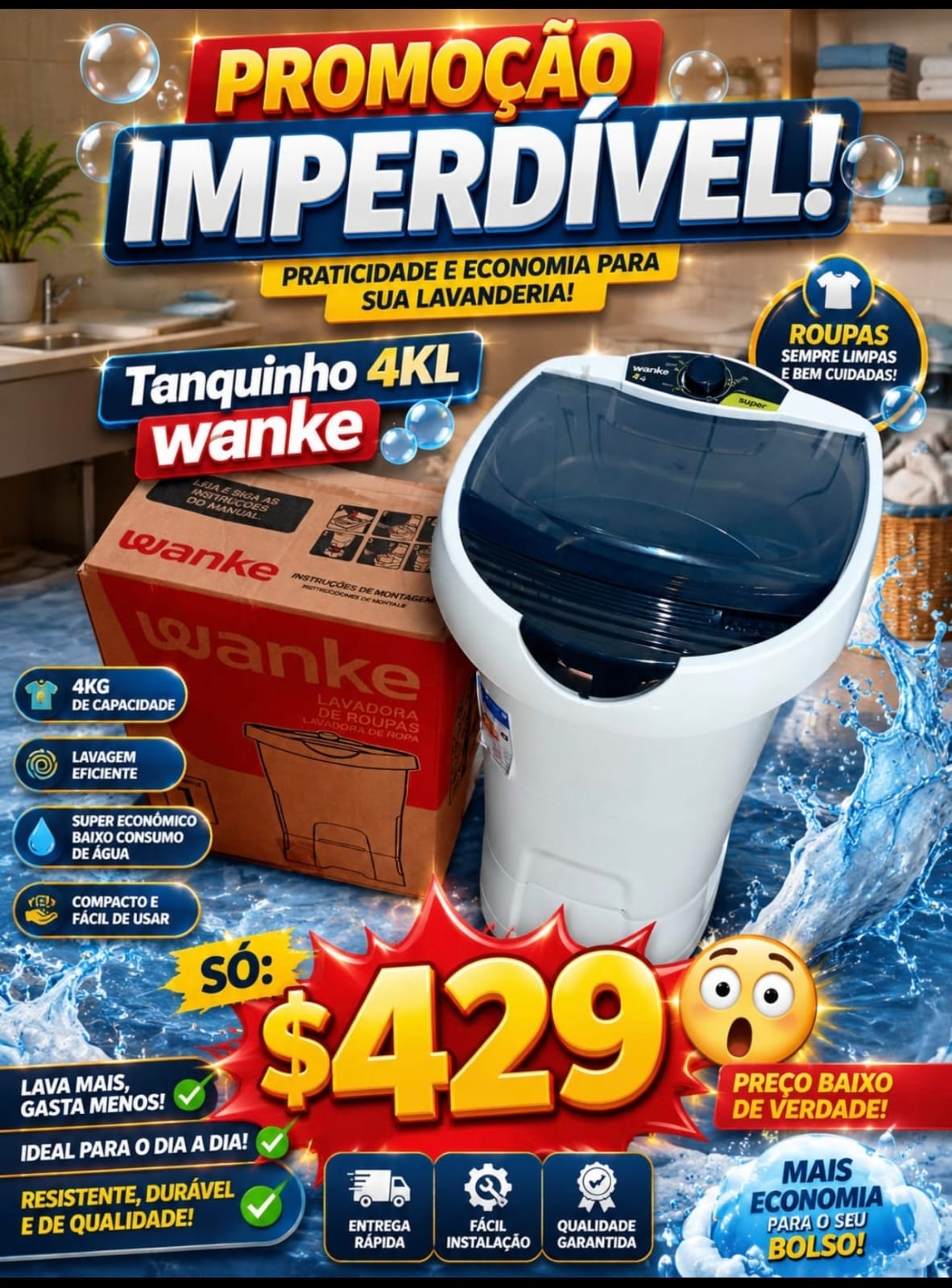 Tanquinho Lavadora de Roupas Wanke 4KG — Branco com Tampa Fumê Translúcida — 50cm