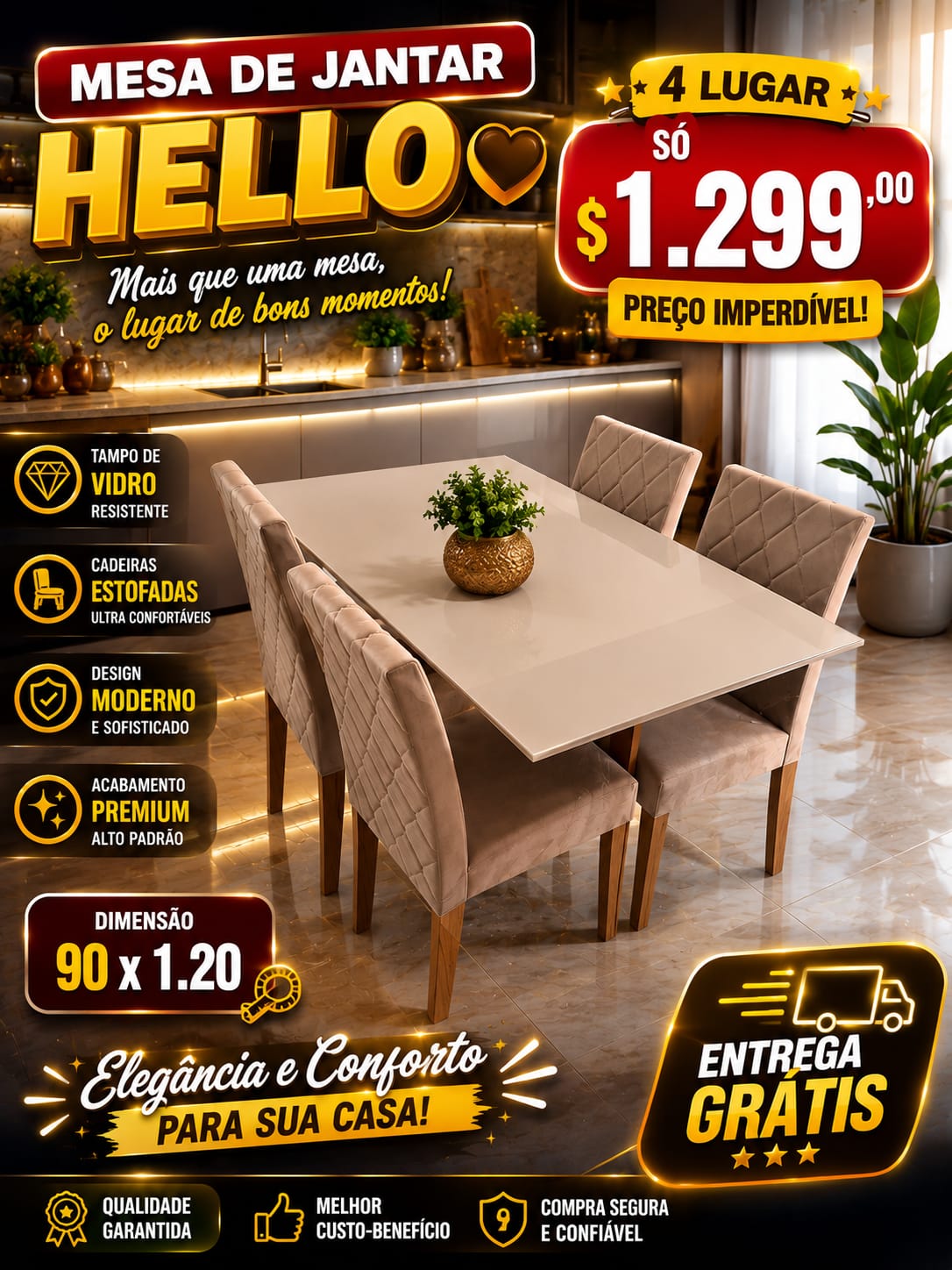 Mesa de Jantar Hello 4 Lugares com Tampo de Vidro — Off-White com Madeira Freijó e Veludo Bege — 120cm
