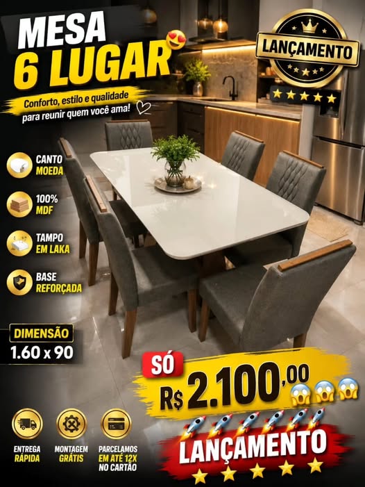 Mesa de Jantar 6 Lugares Tampo Laca Matelassê — Off-White com Cadeiras Cinza Grafite — 160cm