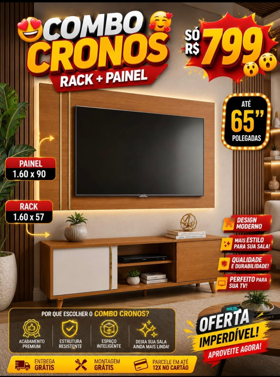 Combo Cronos Rack + Painel para TV até 65 pol — Freijó Amadeirado com Off-White — 160cm