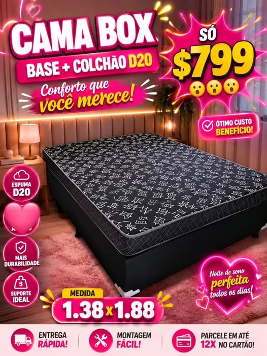 Cama Box Casal Base + Colchão D20 — Preto com Estampa Geométrica — 138cm