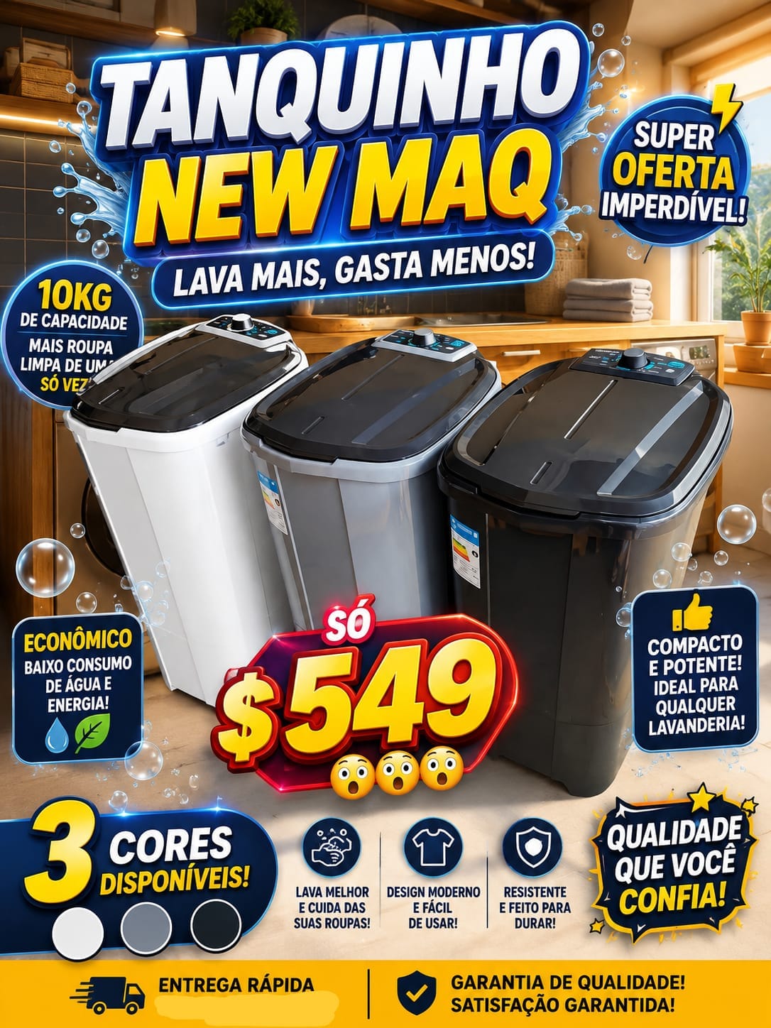Tanquinho Lavadora de Roupas New Maq 10KG (3 Cores) — Disponível em Branco, Cinza ou Preto — 52cm