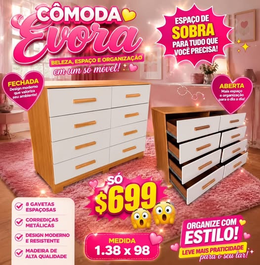 Cômoda Évora 8 Gavetas — Amadeirado com Gavetas Brancas — 138cm