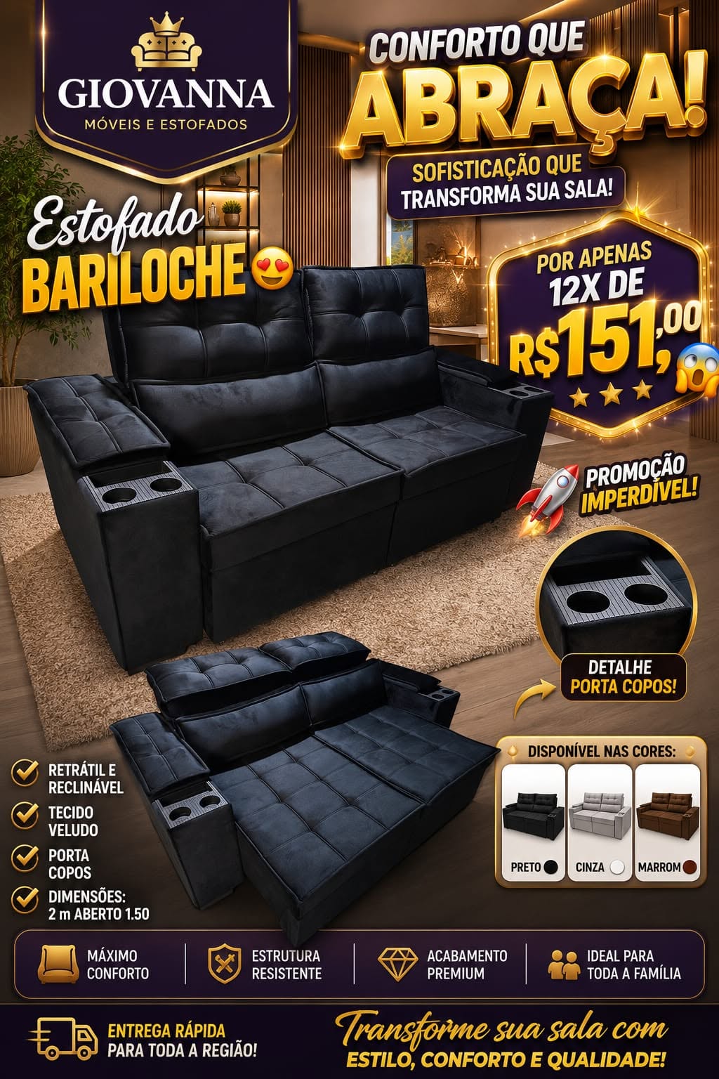 Estofado Bariloche Retrátil e Reclinável (Giovanna Móveis) — Disponível em Preto, Cinza e Marrom — 200cm
