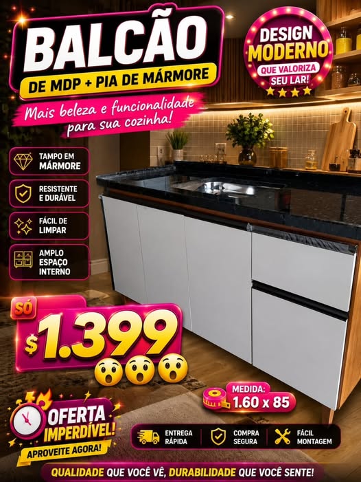 Balcão de Cozinha 1.60m com Pia de Mármore — Amadeirado com Portas Brancas e Mármore Preto — 160cm