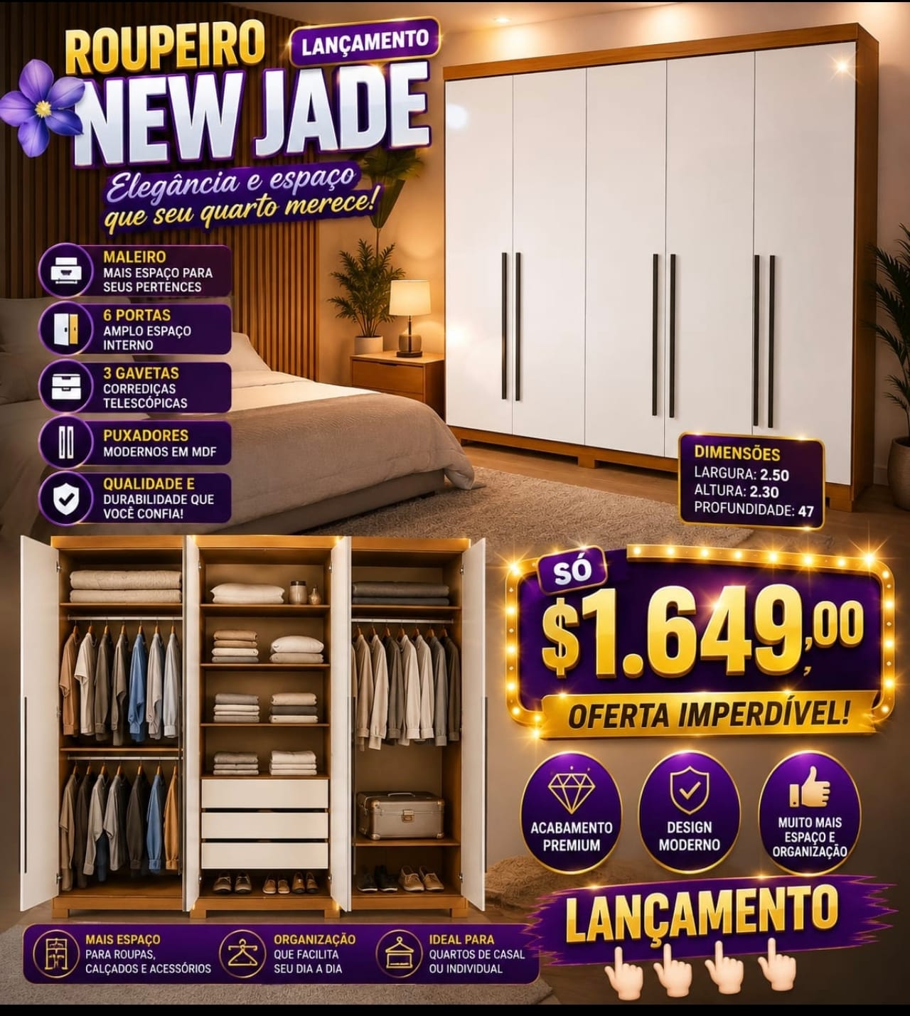 Roupeiro New Jade 6 Portas 2.50m (Lançamento) — Branco com Moldura Freijó Amadeirada — 250cm
