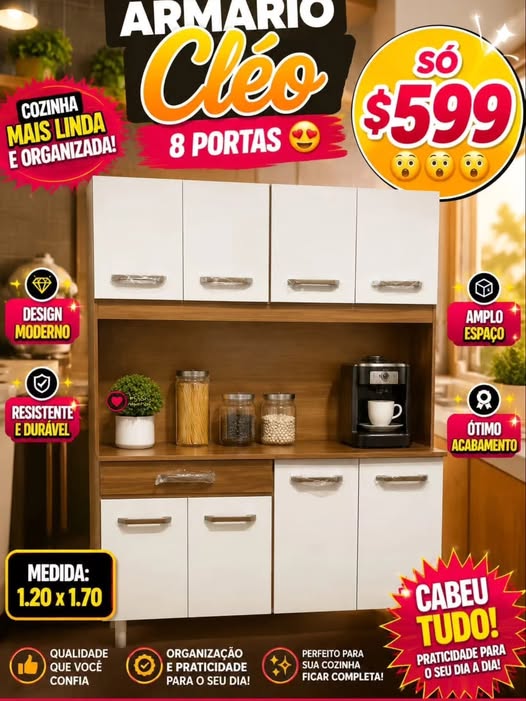 Armário de Cozinha Cléo 8 Portas — Branco com Amadeirado — 120cm