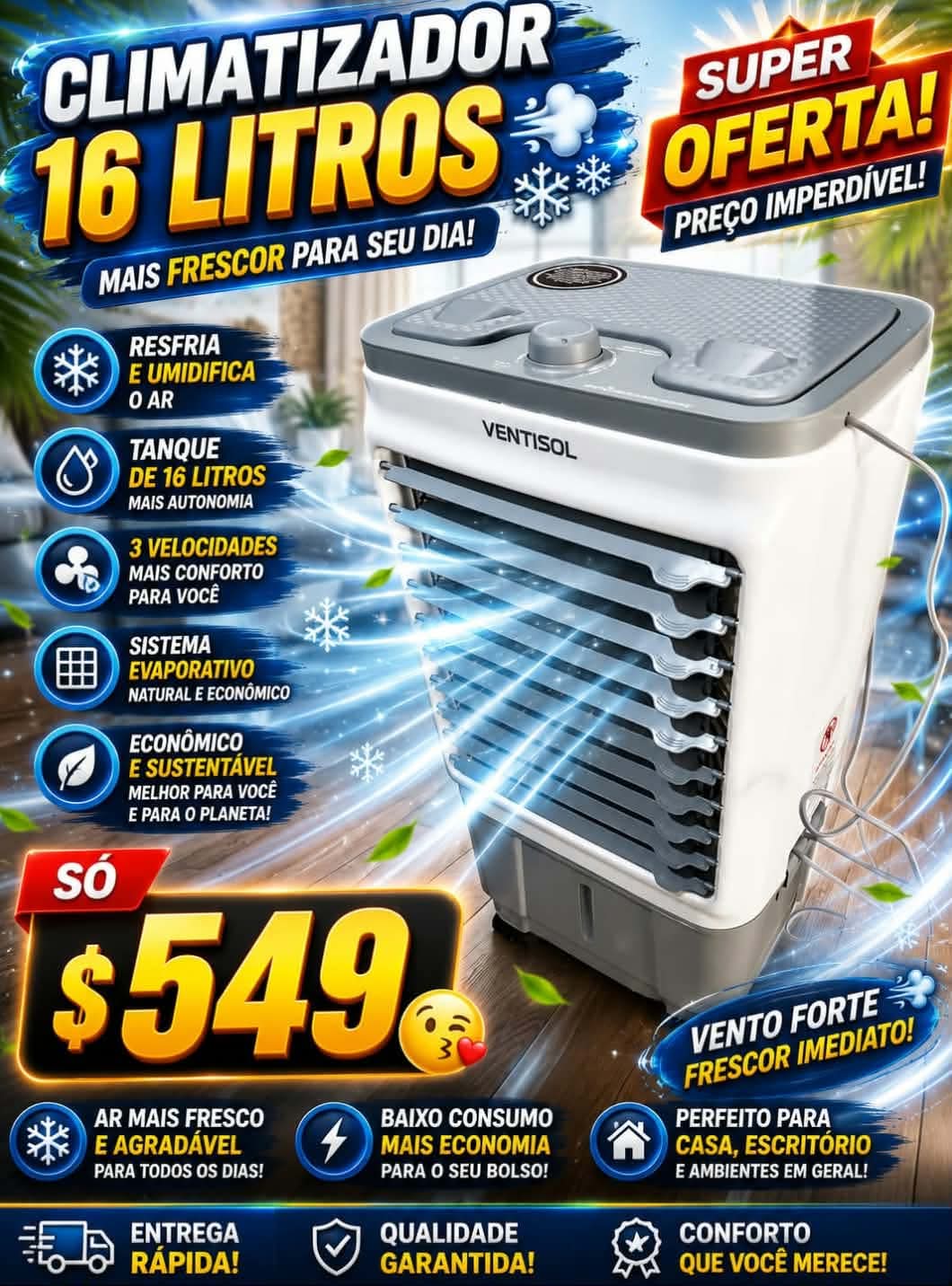 Climatizador de Ar Ventisol 16 Litros Evaporativo — Branco e Cinza com Detalhes Azuis — 38cm