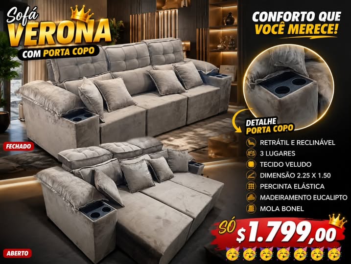 Sofá Retrátil e Reclinável Verona 3 Lugares — Veludo Bege / Cinza Claro — 225cm