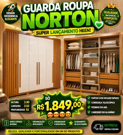 Guarda-Roupa Norton 6 Portas Ripado — Nature com Portas Centrais Brancas — 252cm