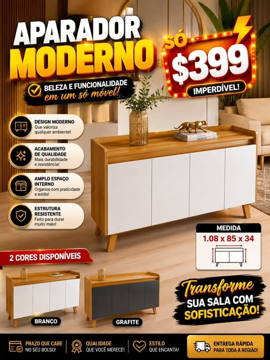 Aparador Moderno 4 Portas — Branco e Grafite — 108cm