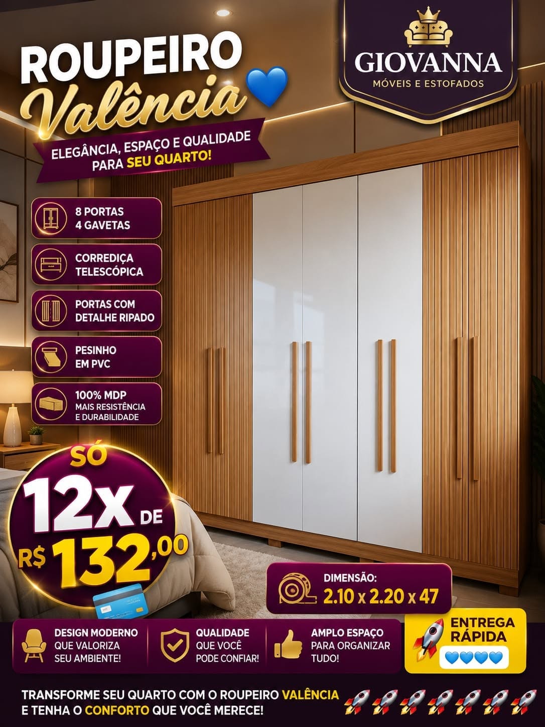 Roupeiro Valência 8 Portas Ripado (Giovanna Móveis) — Freijó com Portas Centrais Brancas — 220cm
