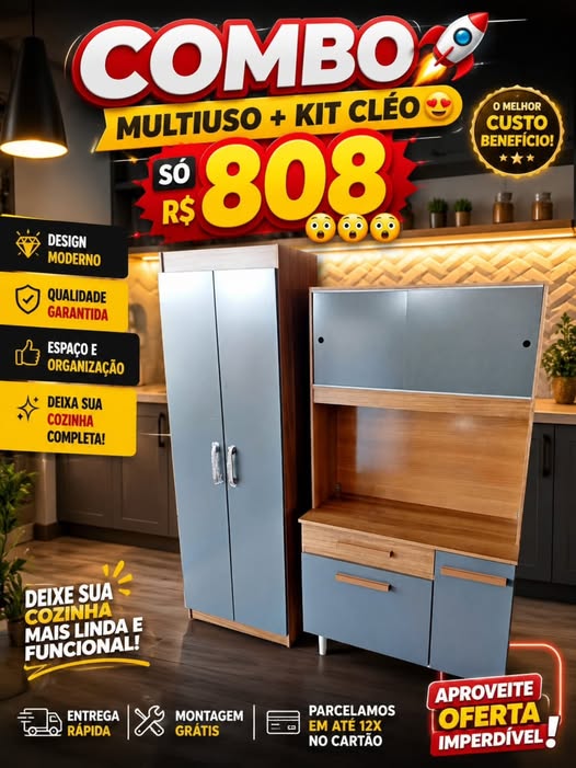 Combo Cozinha Multiuso + Kit Cléo — Amadeirado com Portas Grafite / Cinza Azulado — 180cm