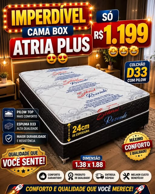 Cama Box Casal Átria Plus D33 com Pillow Top — Lateral Preta com Tampo Floral Branco — 138cm