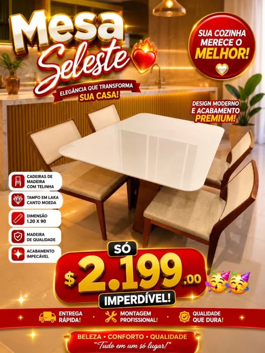 Mesa de Jantar Celeste 4 Cadeiras com Telinha — Amêndoa com Tampo Off-White e Linho Bege — 120cm