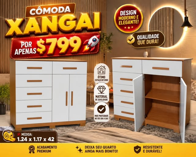 Cômoda Xangai 5 Gavetas e 2 Portas — Freijó com Portas e Gavetas Brancas — 124cm