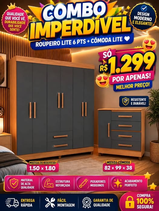 Combo Quarto (Roupeiro Lite 6 Portas + Cômoda Lite) — Grafite com Estrutura Amadeirada — 150cm
