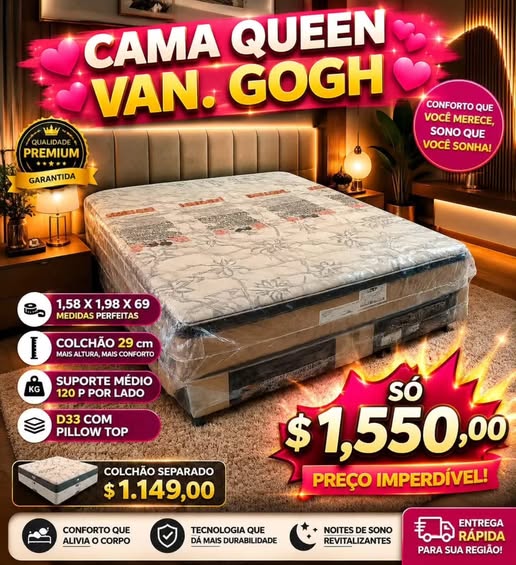 Cama Box Queen Van Gogh D33 com Pillow Top — Bege Matelassado Floral com Base Bege — 158cm